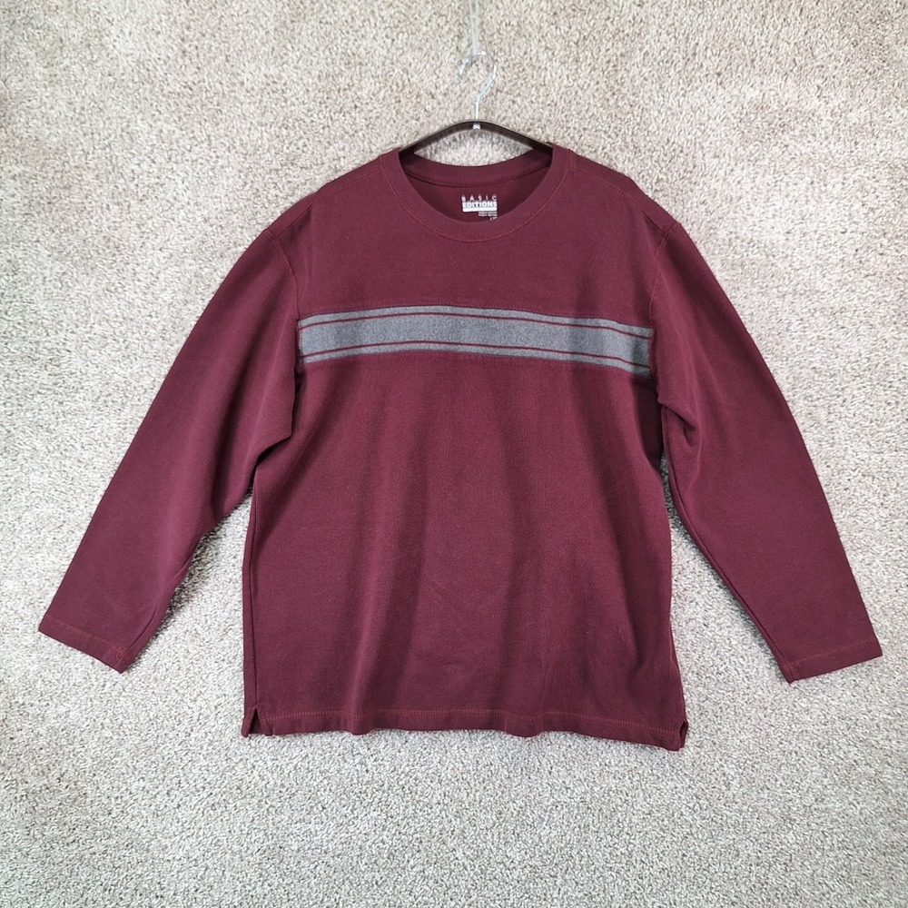 Basic Editions Shirt Mens Large Burgundy Long Sleeve Striped Crewneck Casual